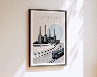 Battersea Power Station Art Print. London Greys. Art Deco Industrial London Illustrated art print Gifts for Londoners, London Prints