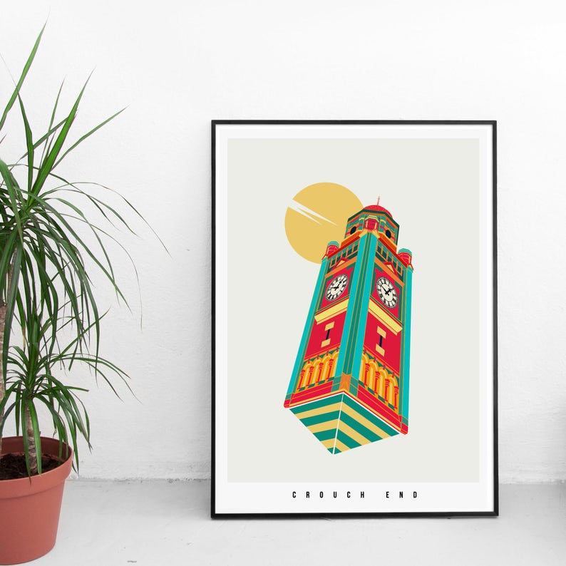 The Crouch End Clock Tower Illustrated poster print Giclee Art Prints Housewarming Gifts Gifts for architects Prints of London image 3