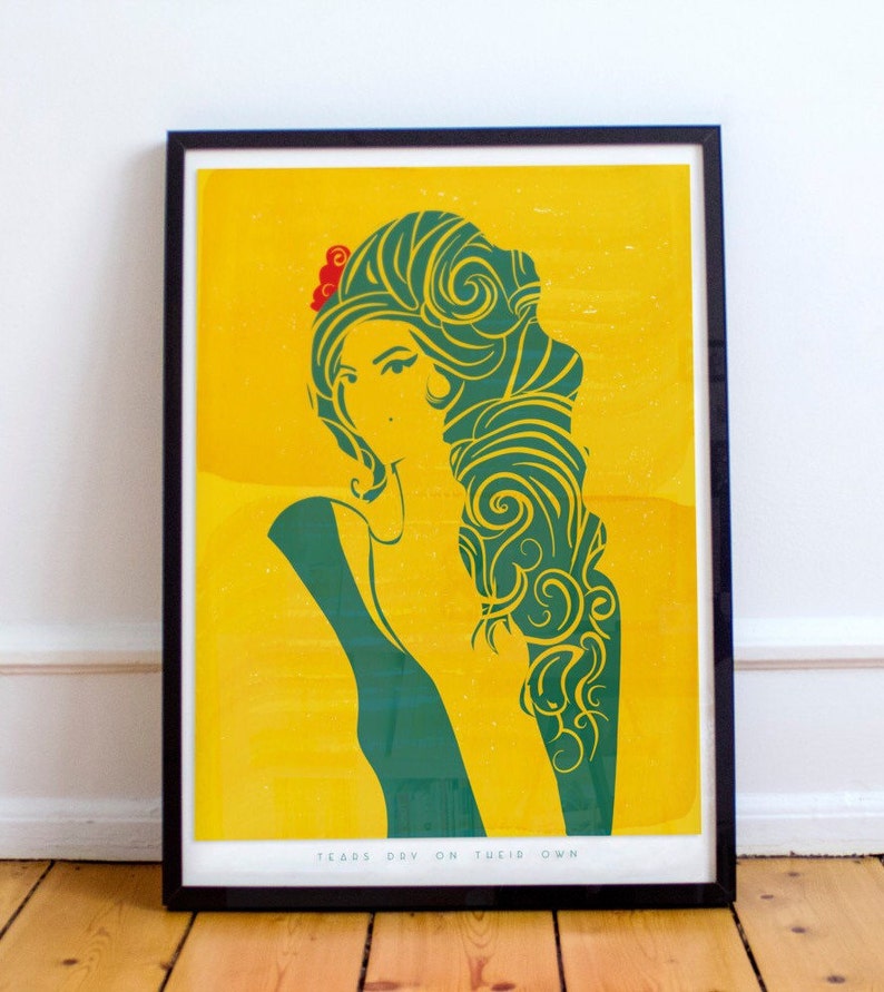 Amy Winehouse Retro: Tears dry on their own Illustration poster, Matte and Giclee Art Prints in A3 or A2 sizes. Wall Art, Home Decor image 2