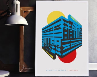 May include: A blue and black geometric illustration of a Brutalist building in London, with yellow and red circles in the background. The text "BRUTALIST LONDON | PECKHAM" is at the bottom of the image.