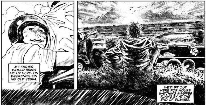 May include: Monochrome comic strip panel. A child in a helmet smiles while riding a Vespa. Text reads, "My father would bring me up here, on weekends, on his old Vespa." Another panel shows two figures watching magpies fly.