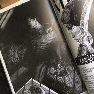 May include: Monochrome illustration from a magazine. The image shows a man in a button-down shirt, seated on a patterned surface. The text "BLACK MUMBA" is visible, along with other text.