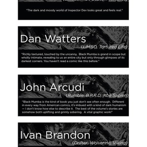 May include: An image with four panels, each featuring a name and quote. The panels are for Nic Klein, Dan Watters, John Arcudi, and Ivan Brandon. Each panel includes the author's name, comic titles, and a quote about their work.