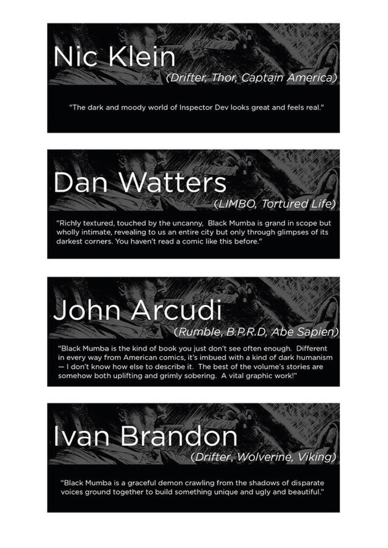 May include: An image with four panels, each featuring a name and quote. The panels are for Nic Klein, Dan Watters, John Arcudi, and Ivan Brandon. Each panel includes the author's name, comic titles, and a quote about their work.