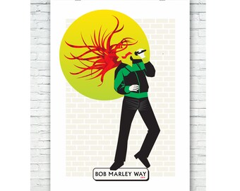 The Bob Marley Way - Art Print 'Brixton Bob' -  Bob Marley Brixton SW9 - Illustrated Art Print Posters - Abstract Music Posters of Brixton