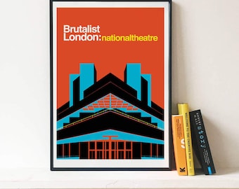 Cartel ilustrado del Brutalist London National Theatre - Matte and Giclee Art Prints en tamaños A3 o A2. Grabados de arquitectura brutalista