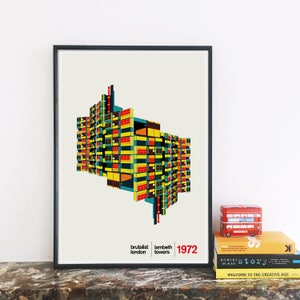 Brutalist London - Lambeth Towers Illustrated Poster, Matte & Giclee Art Prints - Housewarming gifts, Modernist Estate London