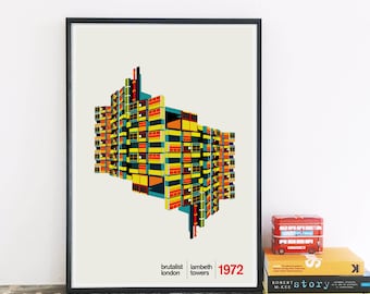 May include: A colorful illustration of a Brutalist London building, the Lambeth Towers, built in 1972. The illustration is in a retro style with a yellow, red, and blue color scheme.