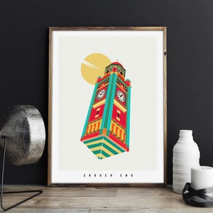 The Crouch End Clock Tower Illustrated poster print Giclee Art Prints Housewarming Gifts Gifts for architects Prints of London image 4
