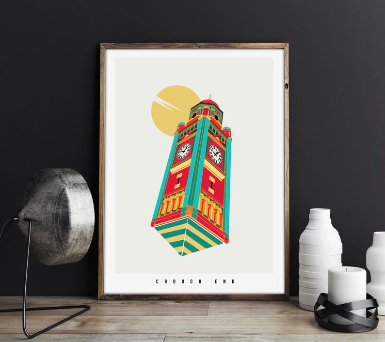 The Crouch End Clock Tower Illustrated poster print Giclee Art Prints Housewarming Gifts Gifts for architects Prints of London image 4