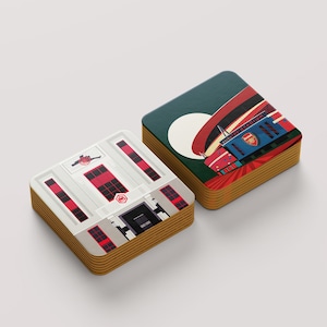 Arsenal Coasters. Art Deco Highbury and Emirates Stadium Coasters. Cork backed. Single or Pair. Gifts for gunners