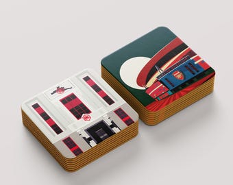 Arsenal Stadium Art Deco Coasters, Gifts for Gunners, Highbury and Emirates Stadium Coasters. Cork backed. Single or Pair, Arsenal Art