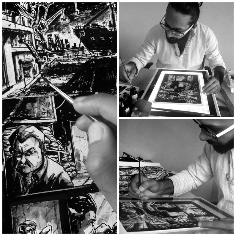 May include: Monochrome artwork in progress, showing a harbour scene with a ship and buildings. The artist is seen working on the illustration with a brush and ink, creating a comic book style image.