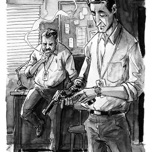 May include: Monochrome illustration depicting two men in an office. One smokes, leaning on a desk, the other inspects a revolver. Both are dressed in light shirts and lanyards, implying an official role or setting.