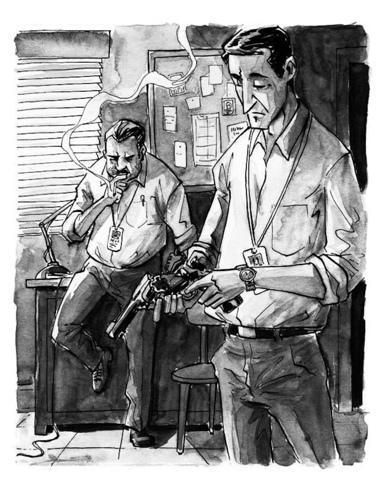 May include: Monochrome illustration depicting two men in an office. One smokes, leaning on a desk, the other inspects a revolver. Both are dressed in light shirts and lanyards, implying an official role or setting.