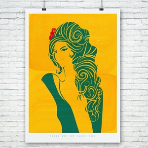 Amy Winehouse Retro: Tears dry on their own Illustration poster, Matte and Giclee Art Prints in A3 or A2 sizes. Wall Art, Home Decor image 1