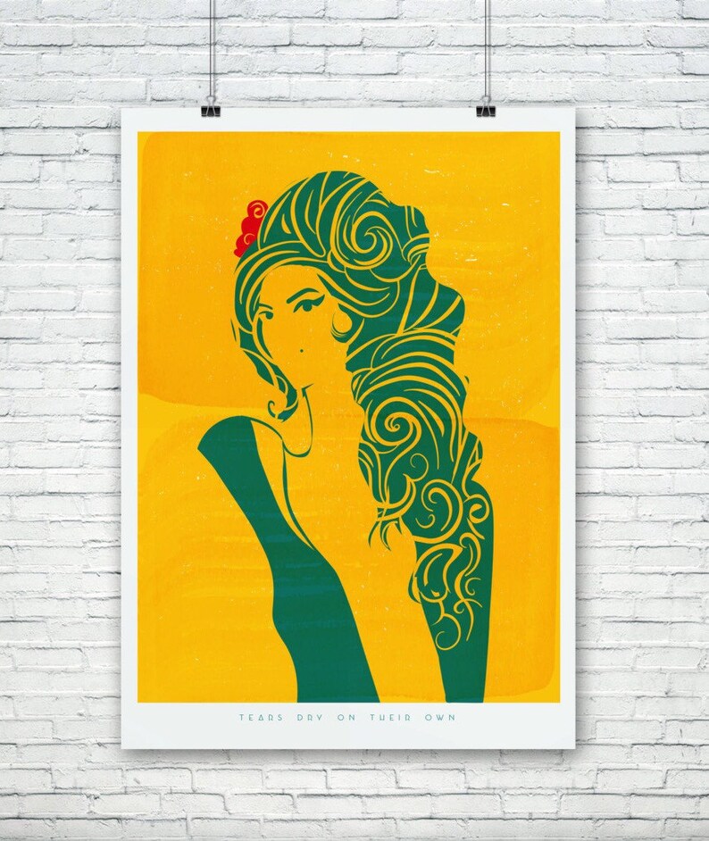 Amy Winehouse Retro: Tears dry on their own Illustration poster, Matte and Giclee Art Prints in A3 or A2 sizes. Wall Art, Home Decor image 1