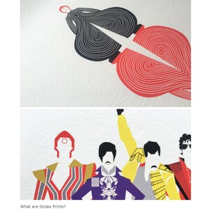 May include: A close-up of a colorful giclee print featuring a stylized illustration of four figures. The figures are in a band formation, with the figure in the center wearing a purple suit and a yellow jacket. The print is on a textured, white paper. The text "What are Giclee Prints?" is visible at the bottom of the image.