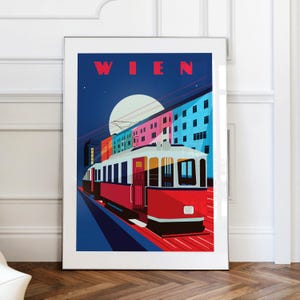 Impression d'art illustrée Vienne Vienne. Impression tramway rouge de Vienne, impression voyage, décoration d'intérieur, affiches d'Autriche. Cadeau de pendaison de crémaillère, mur de galerie