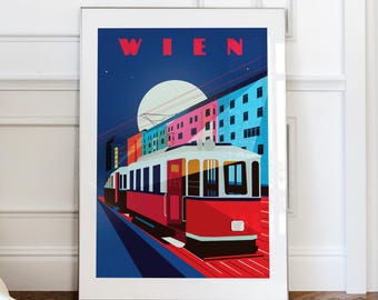Wien Vienna Illustrated Art print. Vienna Red Tram Print, Travel Print, Home Decor, Posters of Austria. Housewarming gift, Gallery Wall