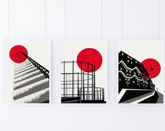 London Brutalist Architecture Art Print Set – Blood Moon, Giclee Prints