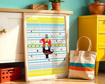 May include: A framed print with a colorful graphic design of an elephant with a crown on its head. The print is titled "Elephant Roost" and is on a yellow background with a grid pattern. The print is hanging on a wall next to a yellow cabinet and a white cabinet.