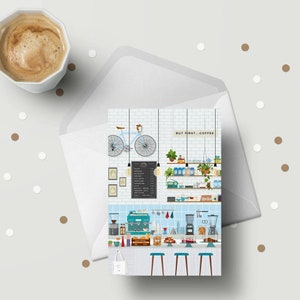 Carte de voeux Coffee shop - Mais d'abord café - Format A6 et livraison gratuite au Royaume-Uni.  Cartes de pendaison de crémaillère, impressions café, cartes pour amateurs de café