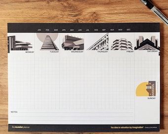 The Brutalist Planner | Undated Weekly Planner | A4 Desk Pad | Brutalist Architecture Illustrations | Modern Stationery Gift  | To Do List