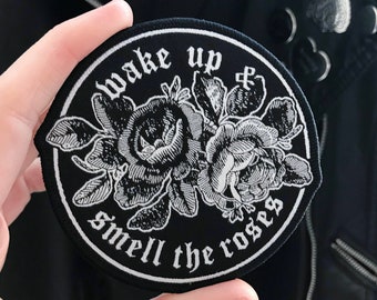 Rose Patch / Life Club / Iron on / Roses Illustration / Black and White Flowers / Flower Patch / Gothic Style / Woven Patch