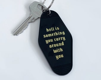 Hell Motel Keychain - motel style key ring, key fob vintage keychain, black key chains, plastic keyring, typographic keychain black and gold
