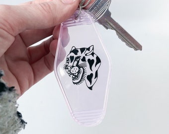Transparent Pink Tiger Motel Keychain - motel style key ring, key fob, vintage keychain, pink key chains, traditional Tattoo tiger head