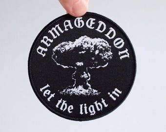 Patches by Life Club / ARMAGEDDON / woven patch, iron on patch, mushroom cloud, black letter font, denim jacket, DIY Jacket