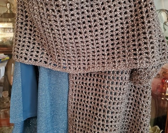 Crochet Charcoal Gray Sparkle Shawl: Open Weave Metallic Wrap