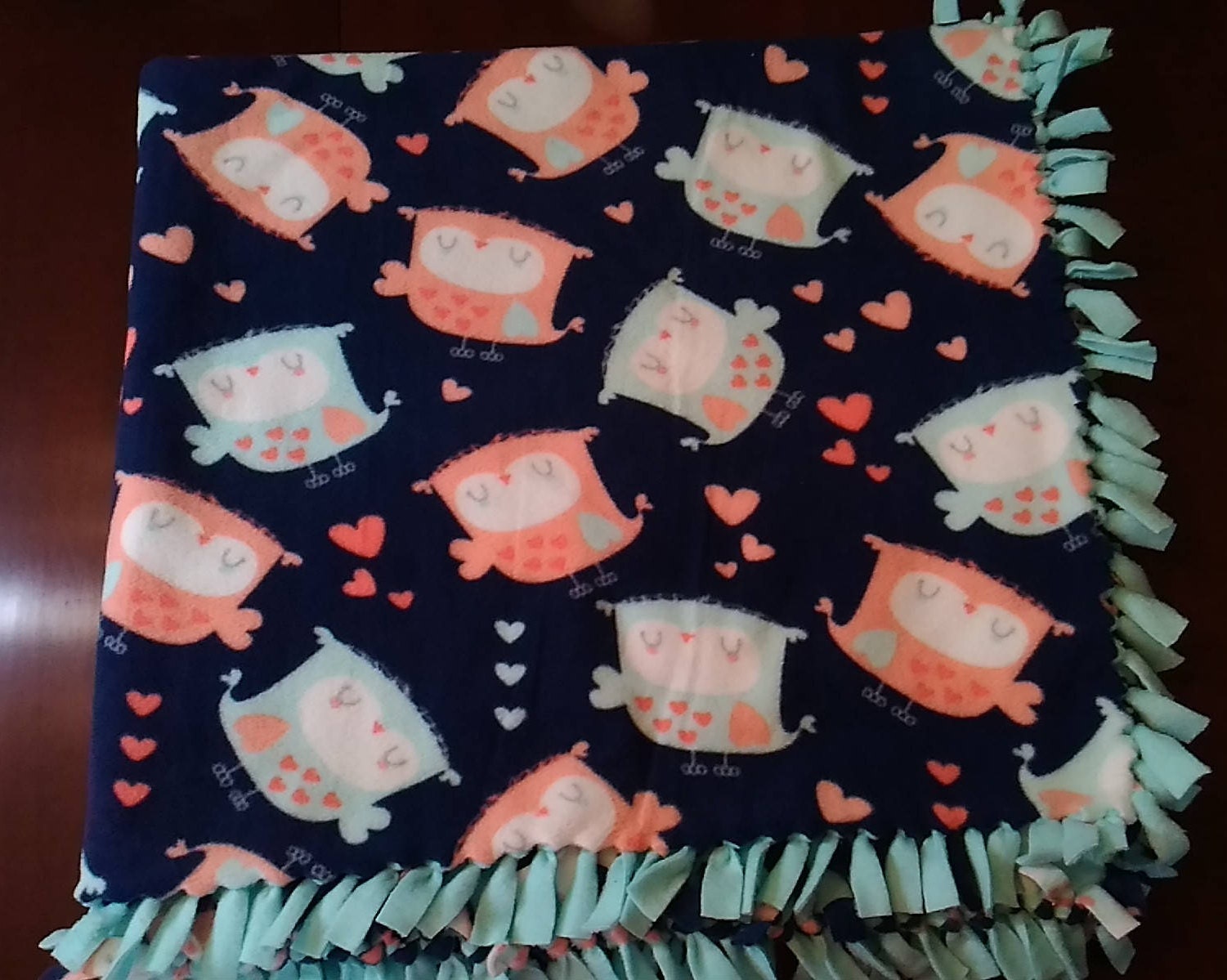 Owl Fleece Tied Blanket in Teal, Navy Blue and Peach Colors Owl Baby