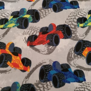 Race car handtied fleece blanket-car fleece throw-blue, orange, red, green, yellow, gray and black fleece throw