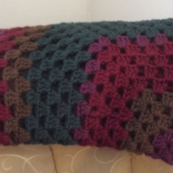 Crochet afghan- jewel tone granny square-grape, peacock, brown, wine color throw-