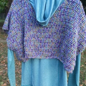 Poncho, womans size small-multi color crop poncho-purple,gold,turquoise small crop poncho-teen girls poncho-soft yarn lilac crochet poncho