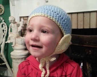 Winter hat for boy or girl-hat with heart ear flaps-blue and yellow cap for boy or girl-handmade crochet cap