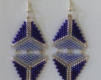 Purple Diamond-Shaped Beaded Earrings with Crystals, Elegant Handwoven Jewelry