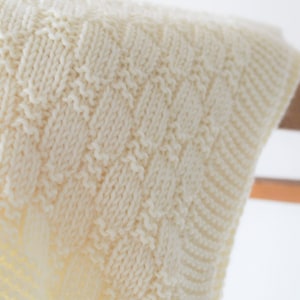 Puede incluir: Una manta de beb&eacute; de punto blanco con un patr&oacute;n texturizado. La manta est&aacute; colgada de una percha de madera. El texto "Knitted Accent..." es visible en la esquina inferior derecha de la imagen.