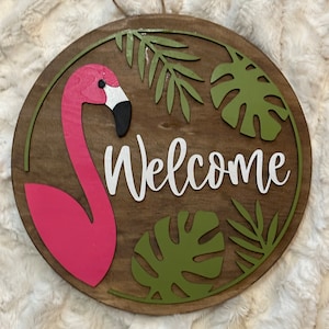 Wooden Welcome Door Sign with Pink Flamingo