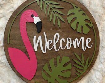 Wooden Welcome Door Sign with Pink Flamingo
