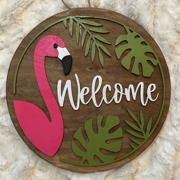 Türschild aus Holz mit rosa Flamingo