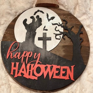 Haunted Halloween Accent: Handcrafted Zombie Hand Wood Sign with Moon and Bats