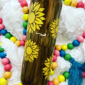 Sunflower Glittered Woodgrain Tumbler