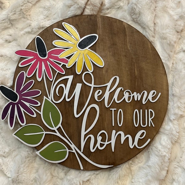 Wooden Welcome Door Sign with Colorful Coneflowers