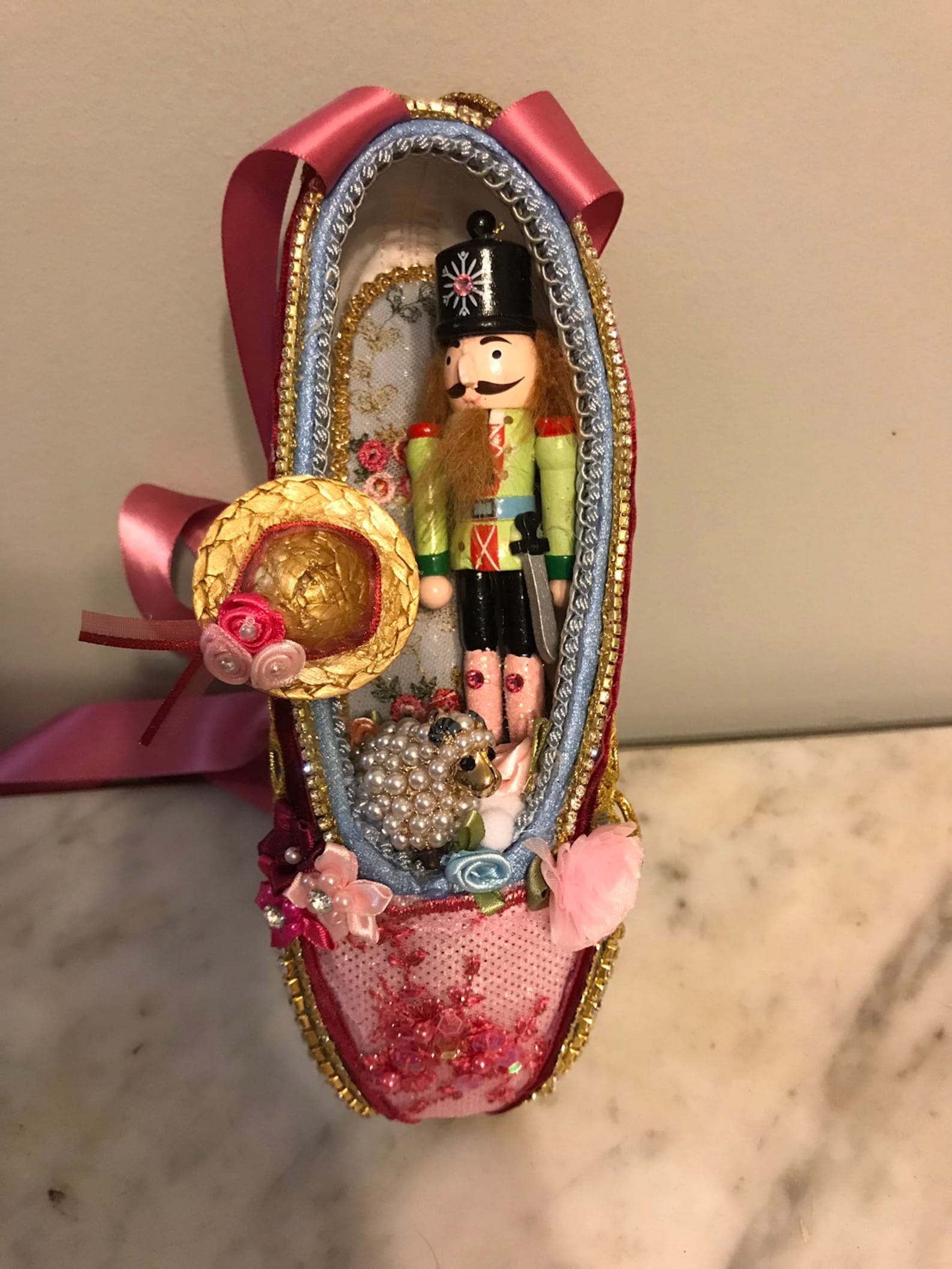 cusomized decorated pointe shoe for nutcracker and yagp or other ballet or theater performances etc..
