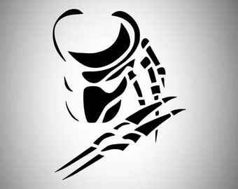 May include: A black and white graphic of a Predator mask and claws. The design features sharp lines and geometric shapes, creating a bold and striking visual. The artwork is set against a gradient background.