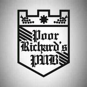 May include: Black and white logo for Poor Richard's Pub. The logo is shield-shaped with a castle-like top, grapes, and a gear. The text is in a gothic font.