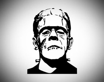 May include: A black and white graphic decal featuring the head and shoulders of Frankenstein's monster. The design uses high-contrast black lines to depict the character's square forehead, heavy eyelids, stitched scars, and neck bolts.